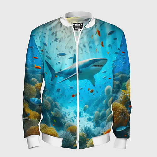 Мужской бомбер Белая акула в коралловом рифе / 3D-Белый – фото 1