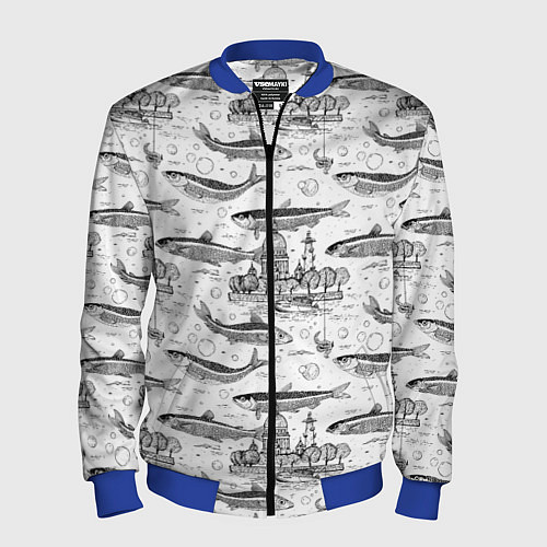 Мужской бомбер Корюшка и рыбалка в Питере паттерн / 3D-Синий – фото 1