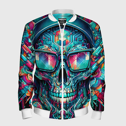 Мужской бомбер Кибер череп в балахоне и очках - нейроарт фантазия / 3D-Белый – фото 1