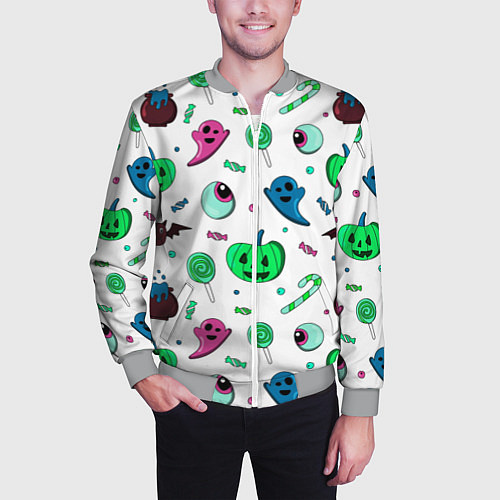 Мужской бомбер Halloween light green pumpkin - паттерн / 3D-Меланж – фото 3