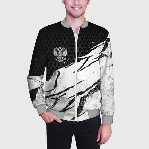 Мужской бомбер Россия - черно-белый герб / 3D-Меланж – фото 3