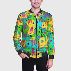 Бомбер мужской Яркие тропические рыбки паттер, цвет: 3D-черный — фото 2