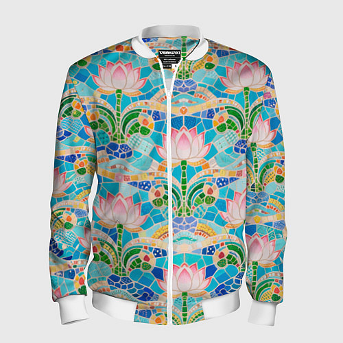 Мужской бомбер Белый лотос декоративный и волны / 3D-Белый – фото 1