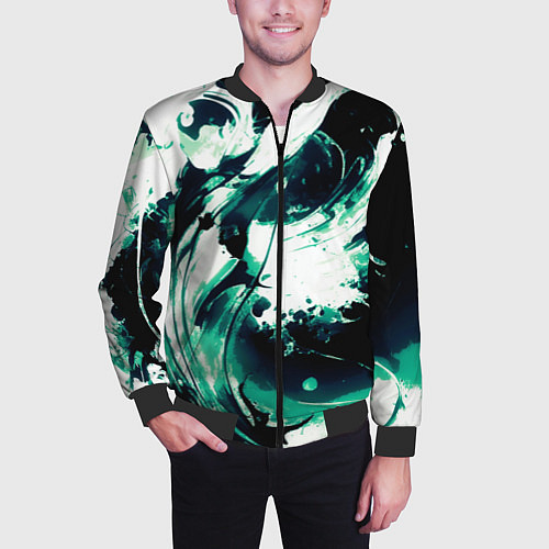 Мужской бомбер Чёрно-зелёный абстракция волна / 3D-Черный – фото 3