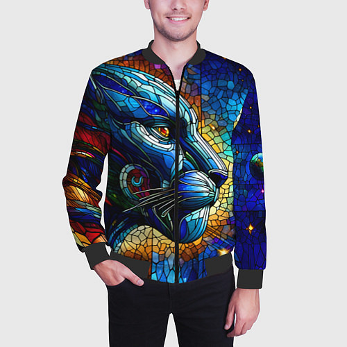 Мужской бомбер Морда космической пантеры - неоновое свечение / 3D-Черный – фото 3