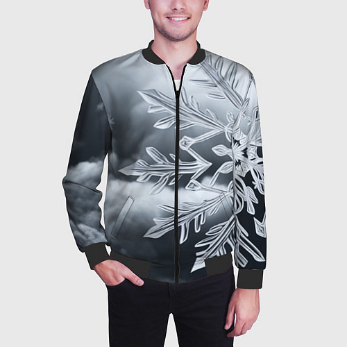 Мужской бомбер Снежинка на черно белое / 3D-Черный – фото 3
