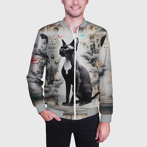 Мужской бомбер Кошка Корниш-рекс - ретро граффити / 3D-Меланж – фото 3