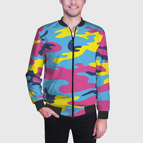 Мужской бомбер Камуфляж: голубой/розовый/желтый / 3D-Черный – фото 3