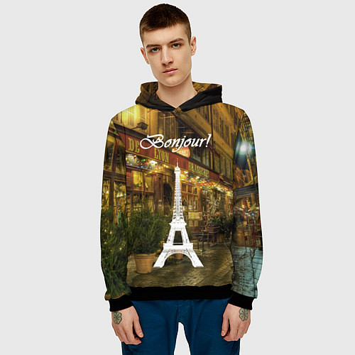 Мужская толстовка Bonjour - Paris / 3D-Черный – фото 3