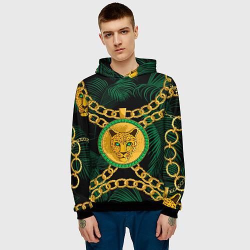 Мужская толстовка Золотой леопард и цепь / 3D-Черный – фото 3