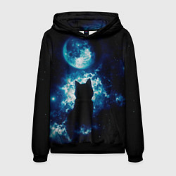 Толстовка-худи мужская Кот силуэт луна ночь звезды, цвет: 3D-черный