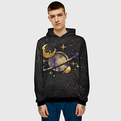 Толстовка-худи мужская Сатурн, луна, спутник и звезды, цвет: 3D-черный — фото 2