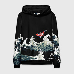 Толстовка-худи мужская Карп Кои Волна Япония Рыба, цвет: 3D-черный