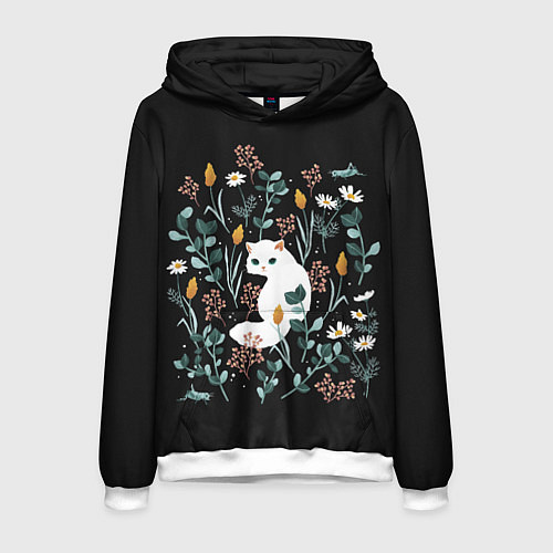 Мужская толстовка Кошечка среди цветов / 3D-Белый – фото 1