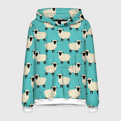 Толстовка-худи мужская Овечки паттерн на бирюзовом, цвет: 3D-белый