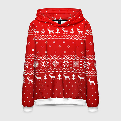 Мужская толстовка Красный узор с оленями / 3D-Белый – фото 1