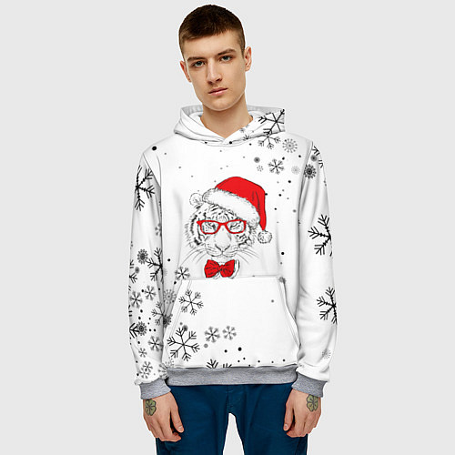 Мужская толстовка Новогодний тигр летящие снежинки / 3D-Меланж – фото 3