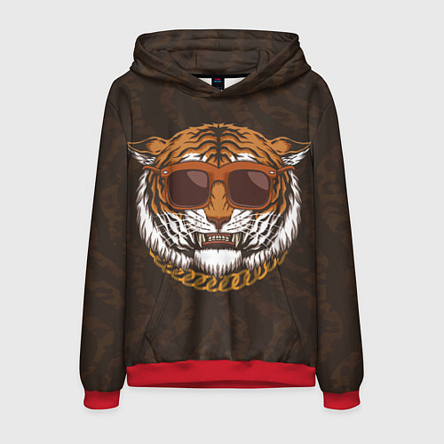 Мужская толстовка Крутой тигр в очках с цепью / 3D-Красный – фото 1