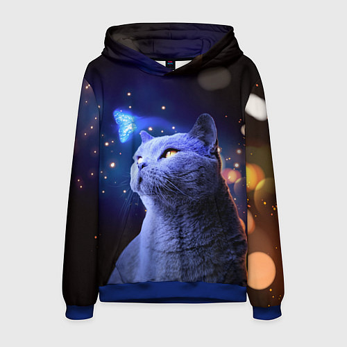 Мужская толстовка КОТ И ГОЛУБАЯ БАБОЧКА / 3D-Синий – фото 1