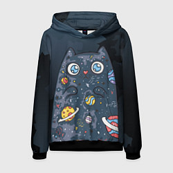Толстовка-худи мужская Космический кот в планетах, цвет: 3D-черный