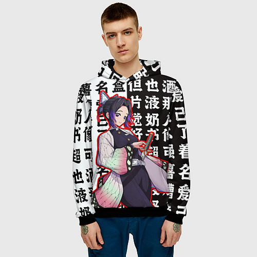 Мужская толстовка Шинобу Кочо и иероглифы Клинок рассекающий демонов / 3D-Черный – фото 3