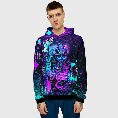 Мужская толстовка Неоновый Японский Самурай Neon Samurai Skull / 3D-Черный – фото 3
