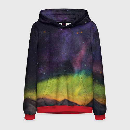 Мужская толстовка Горный пейзаж со звёздным небом и северным сиянием / 3D-Красный – фото 1