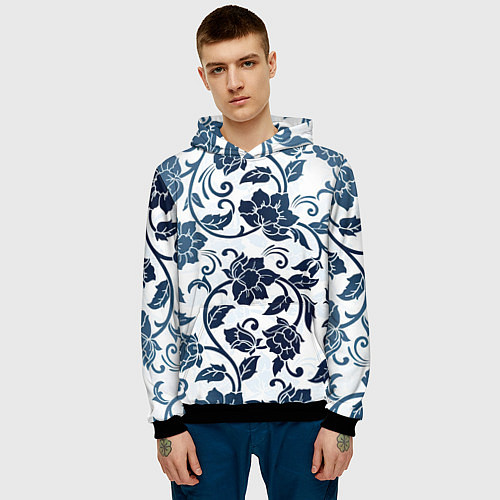 Мужская толстовка Гжелевые цветы / 3D-Черный – фото 3