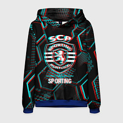 Толстовка-худи мужская Sporting FC в стиле Glitch на темном фоне, цвет: 3D-синий