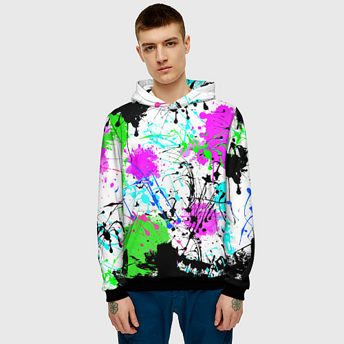 Мужская толстовка Неоновые разноцветные пятна и брызги красок / 3D-Черный – фото 3