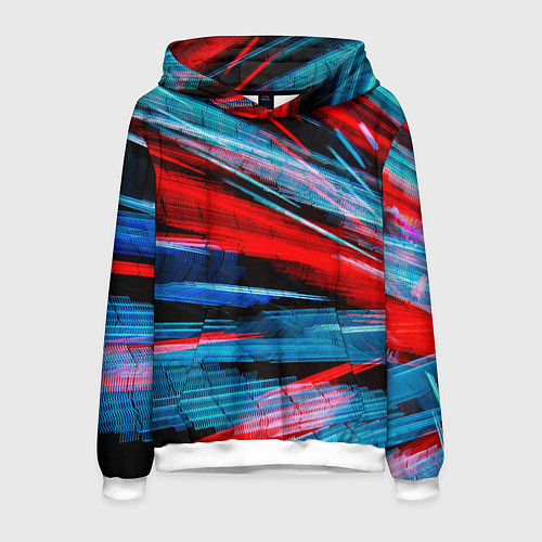 Мужская толстовка Неоновые прерывающиеся линии - Красный и голубой / 3D-Белый – фото 1