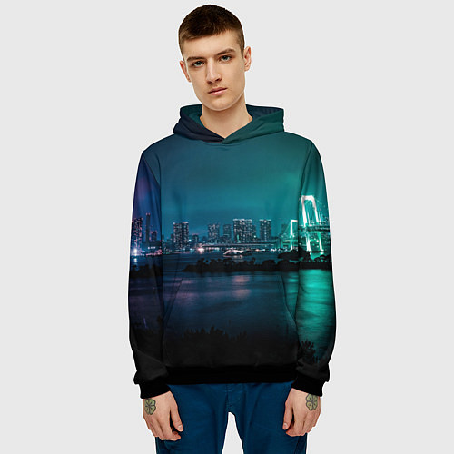 Мужская толстовка Неоновый город с рекой - Светло-зелёный / 3D-Черный – фото 3
