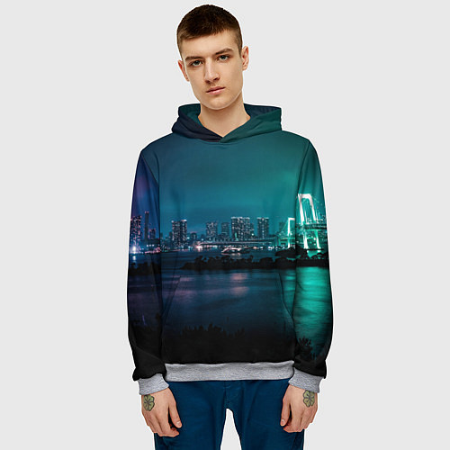 Мужская толстовка Неоновый город с рекой - Светло-зелёный / 3D-Меланж – фото 3
