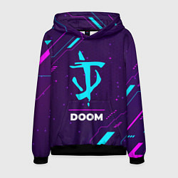 Толстовка-худи мужская Символ Doom в неоновых цветах на темном фоне, цвет: 3D-черный