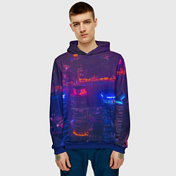 Толстовка-худи мужская Неоновый город с высоты - Фиолетовый, цвет: 3D-синий — фото 2