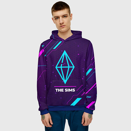 Мужская толстовка Символ The Sims в неоновых цветах на темном фоне / 3D-Синий – фото 3
