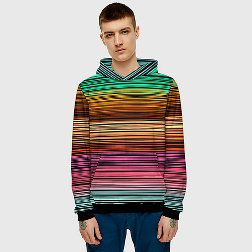 Мужская толстовка Multicolored thin stripes Разноцветные полосы / 3D-Черный – фото 3