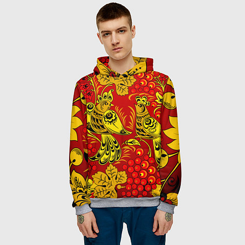 Мужская толстовка Хохломская Роспись Две Птици На Красном Фоне / 3D-Меланж – фото 3