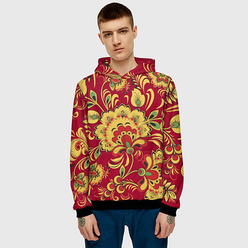 Мужская толстовка Хохломская Роспись Цветы На красном Фоне / 3D-Черный – фото 3