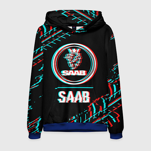 Мужская толстовка Значок Saab в стиле Glitch на темном фоне / 3D-Синий – фото 1
