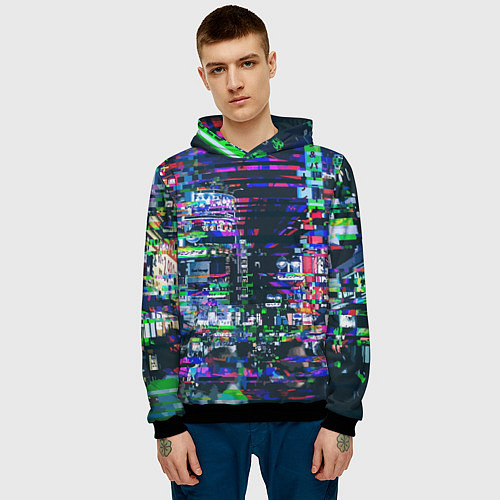 Мужская толстовка Ночной город - glitch / 3D-Черный – фото 3