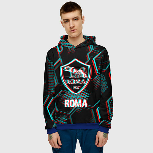 Мужская толстовка Roma FC в стиле Glitch на темном фоне / 3D-Синий – фото 3