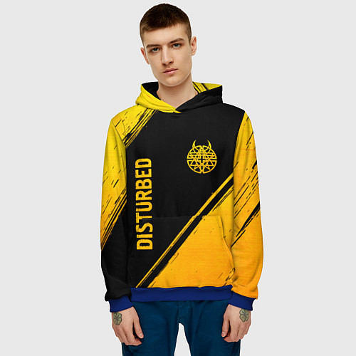 Мужская толстовка Disturbed - gold gradient: символ и надпись вертик / 3D-Синий – фото 3