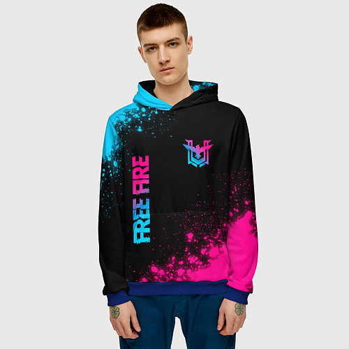 Мужская толстовка Free Fire - neon gradient: символ и надпись вертик / 3D-Синий – фото 3