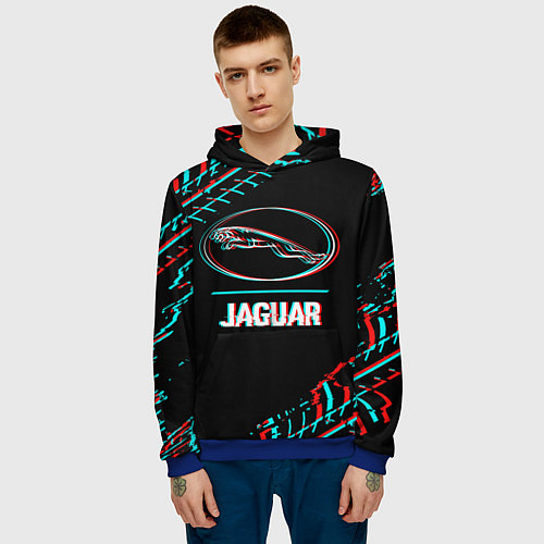 Мужская толстовка Значок Jaguar в стиле glitch на темном фоне / 3D-Синий – фото 3
