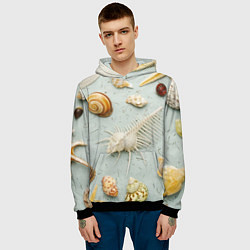 Толстовка-худи мужская Океанские ракушки и морские звёзды на песке, цвет: 3D-черный — фото 2