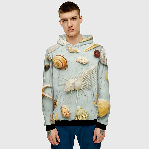 Мужская толстовка Океанские ракушки и морские звёзды на песке / 3D-Черный – фото 3