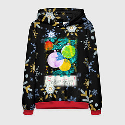 Толстовка-худи мужская Новый год ёлочные шары, цвет: 3D-красный