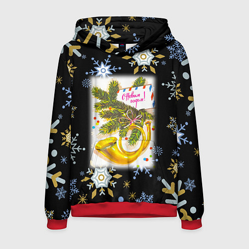 Мужская толстовка Новый год ёлочная ветвь и труба / 3D-Красный – фото 1