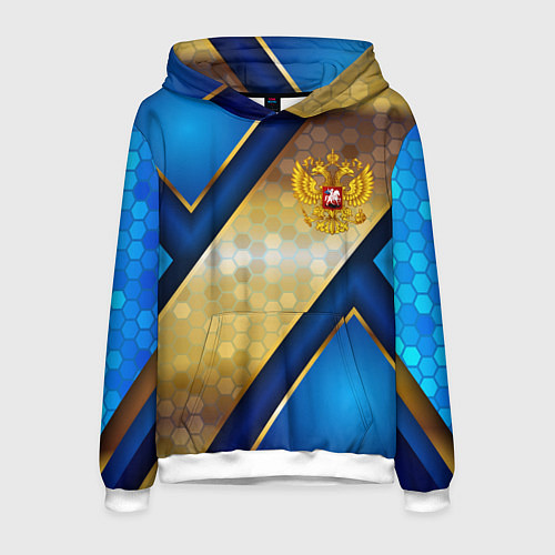 Мужская толстовка Золотой герб России на синем объемном фоне / 3D-Белый – фото 1